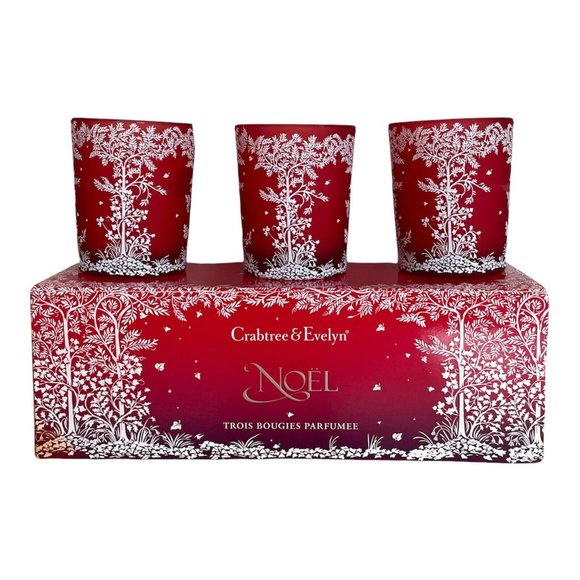 Crabtree &amp; Evelyn 3 NOEL Glass Candles 75 Hr. Burn Time Balsam Cranberry Orange